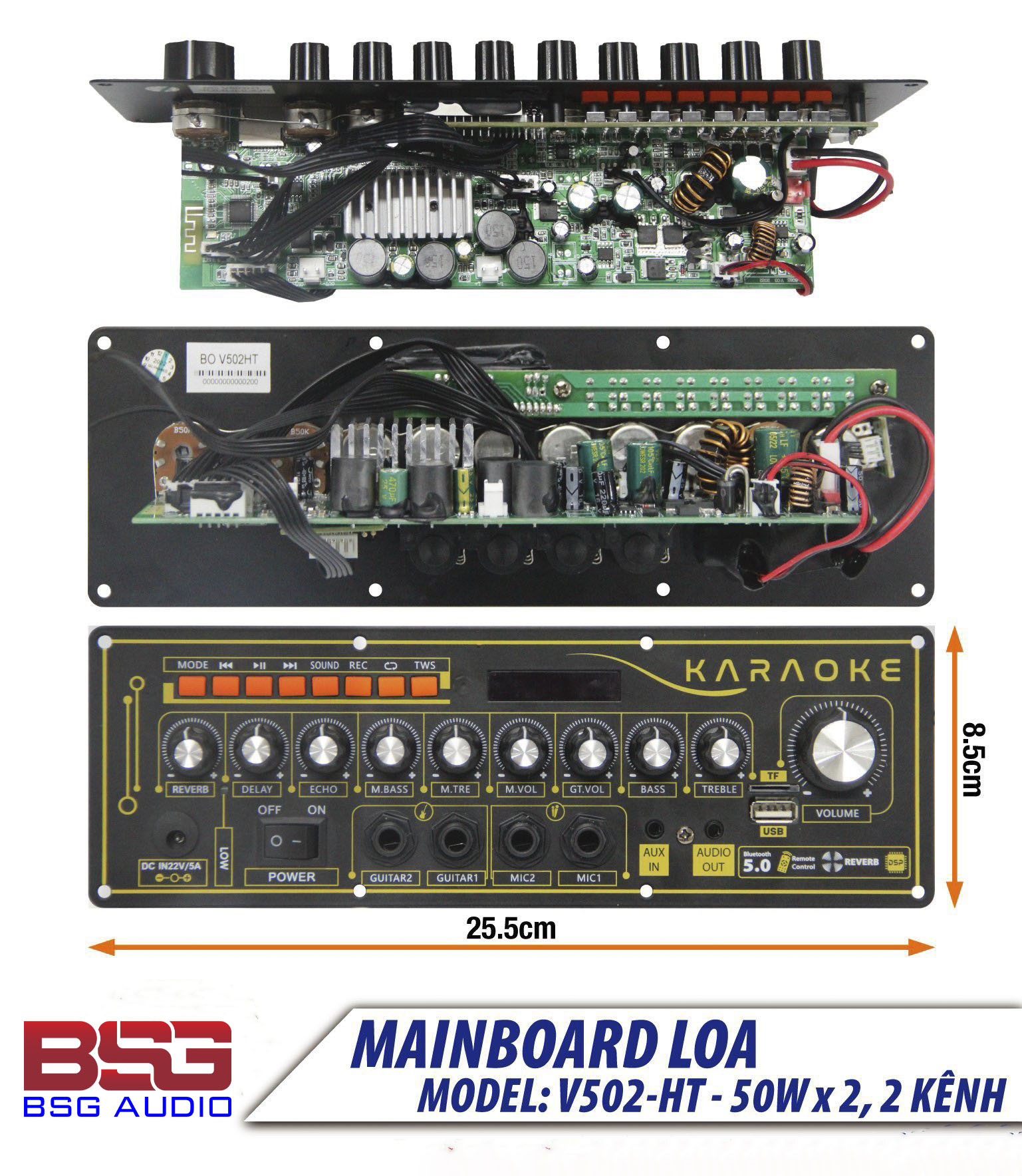BO MẠCH LOA XÁCH TAY MINI ECHO REVERB 50W X2 (nút nhôm)