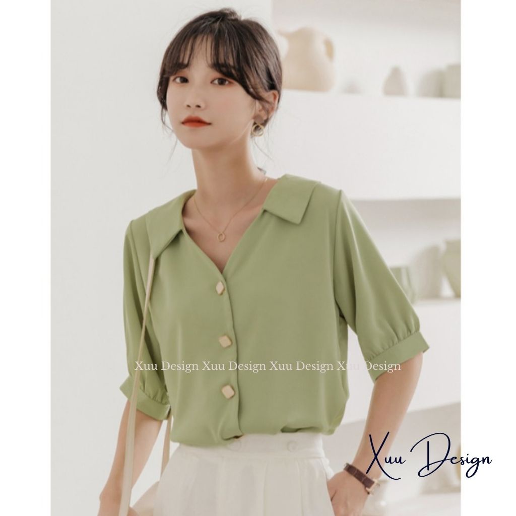 Áo sơ mi nữ kiểu cổ V Xuu , kiểu dáng basic trơn tay lỡ thời trang - SP44