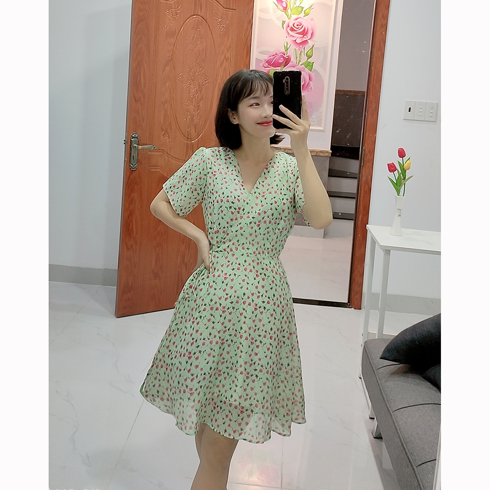 Đầm váy nữ hoa dáng xoè cổ chữ V thắt eo dễ thương RD045