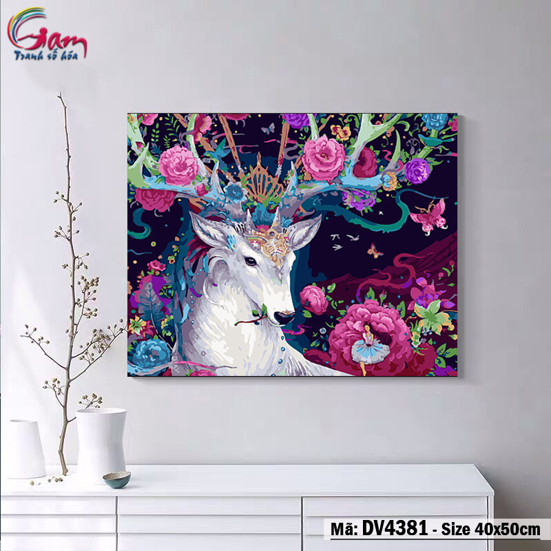Tranh sơn dầu số hoá tự tô màu Gam hươu bạc sừng hoa mẫu đơn DV4381