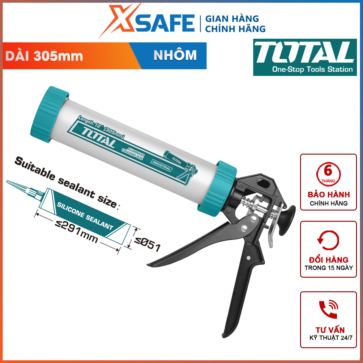Súng bơm keo silicon thân nhôm TOTAL THT20112 | súng bơm silicon ống nhôm chiều dài súng bơm 305mm đường kính 55mm bơm keo dán gỗ, giấy, vải, bìa carton