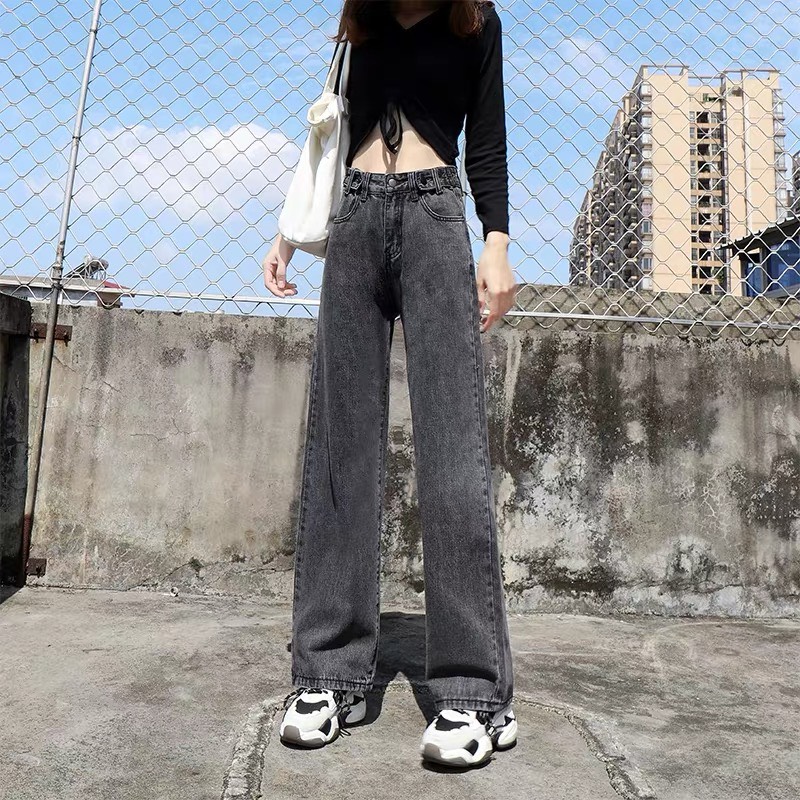 Quần jean dài ống suông loe rộng lưng cao, phom dài, ống to dài rộng, màu xám đen 3285 - MoliJeans