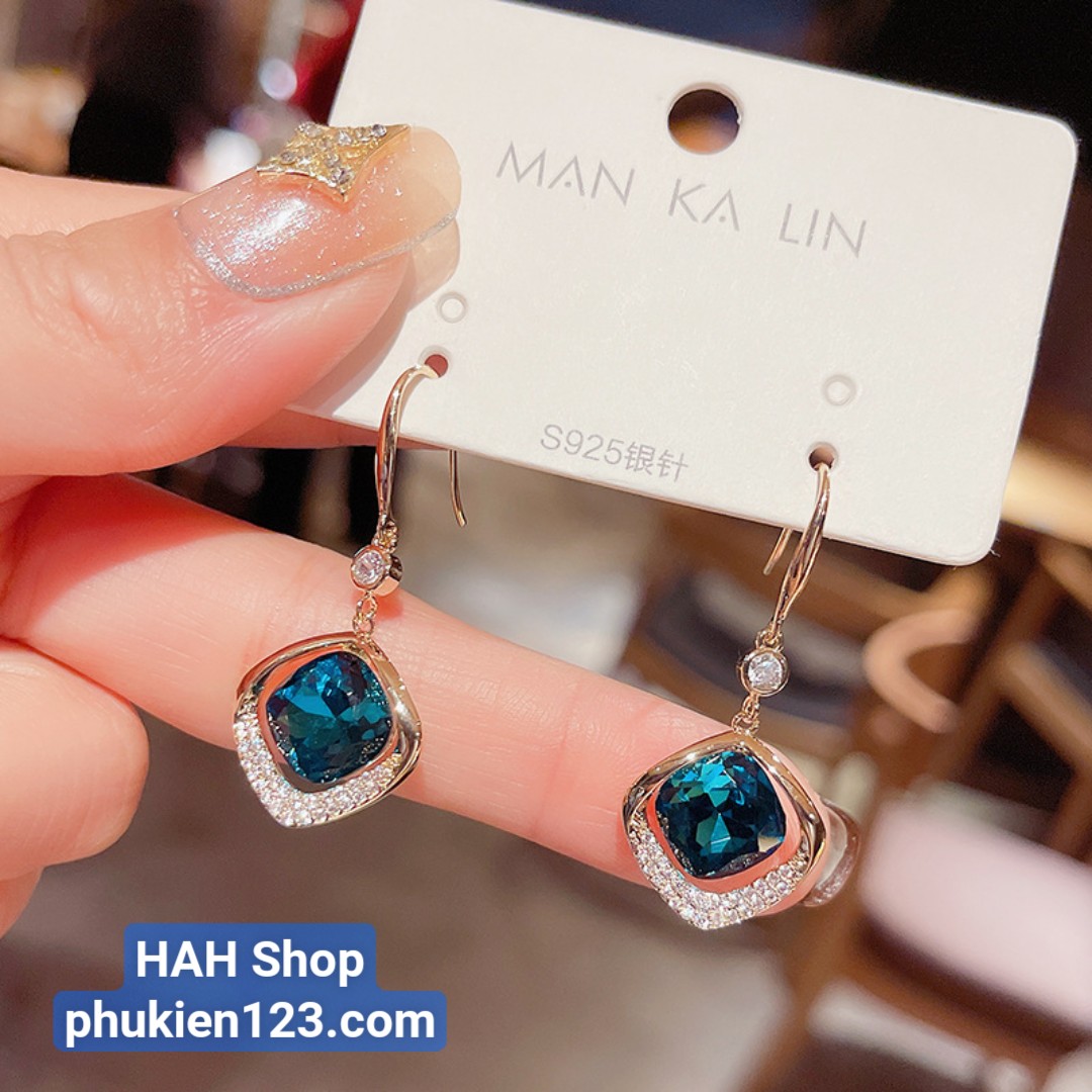 BÔNG TAI HÌNH KHỐI VUÔNG ĐÍNH ĐÁ XANH SANG TRỌNG PHONG CÁCH HÀN QUỐC