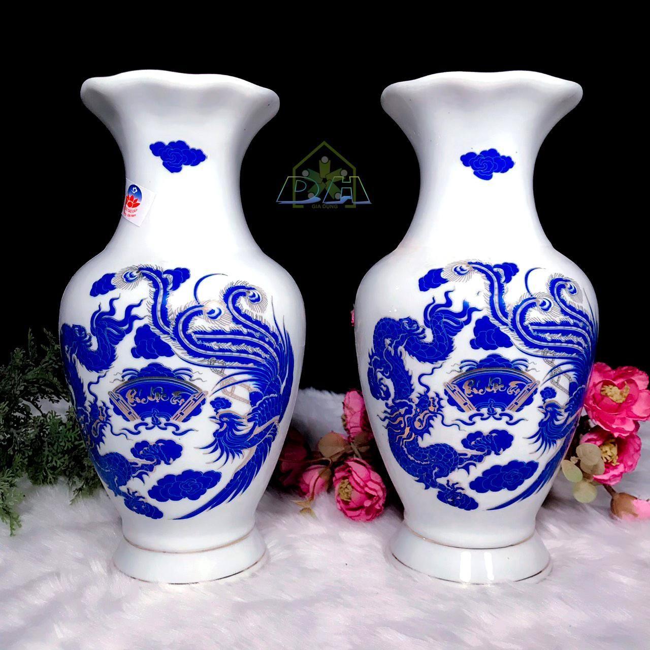 Cặp lọ hoa - Cặp lộc bình Long Phụng sứ Bát Tràng men kim cao 29 cm