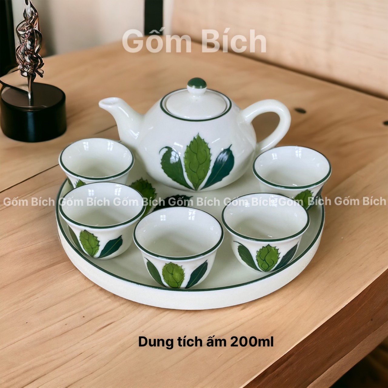 Bộ ấm chén cúng men kem vẽ tay gốm sứ bát tràng cao cấp