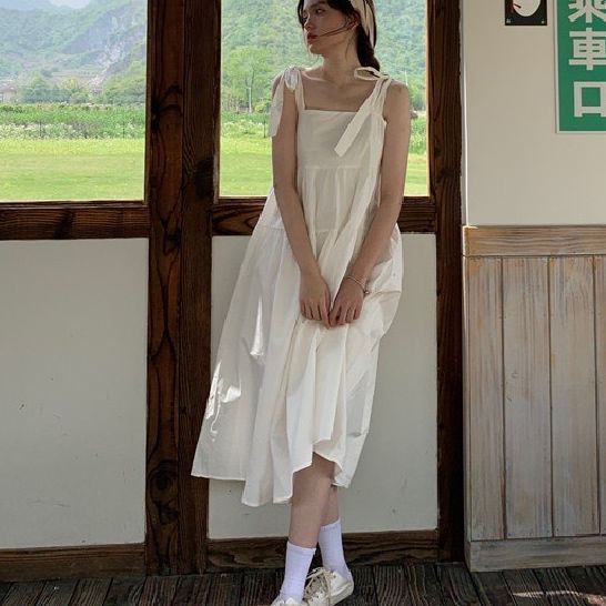 Váy 2 dây dáng dài babydoll đi biển đầm dáng suông đầm maxi đi biển 2 dây buộc nơ phong cách Hàn Quốc NHẬT LINH - V133