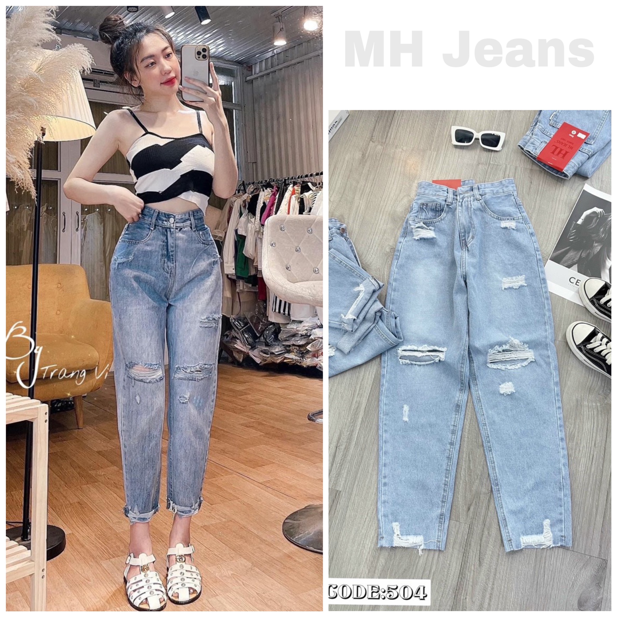 Quần jean baggy rách xước ngang lai cắt lưng cao màu xanh/xám chất dày mịn- TAMI JEANS SIÊU HOT HIT