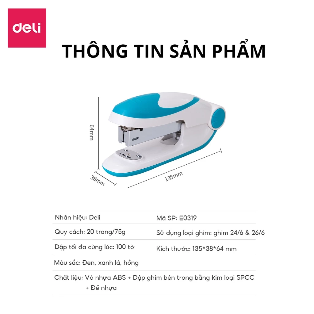 Dập Ghim 20 Trang Deli E0319 - Ghim Số 3 Đệm Chống Trượt Cao Cấp