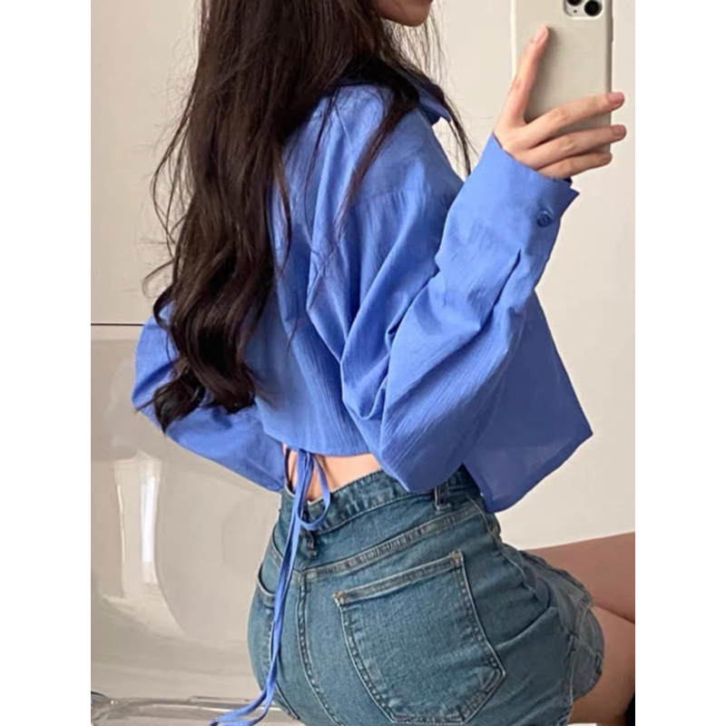 áo sơ mi croptop cột dây lưng chất lụa dập