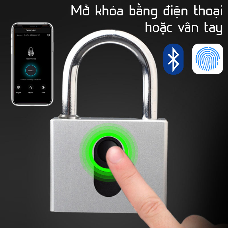 Ổ khóa thép cỡ lớn mở bằng vân tay hoặc App điện thoại OKLOK GS-60FB chống nước chống phá khóa