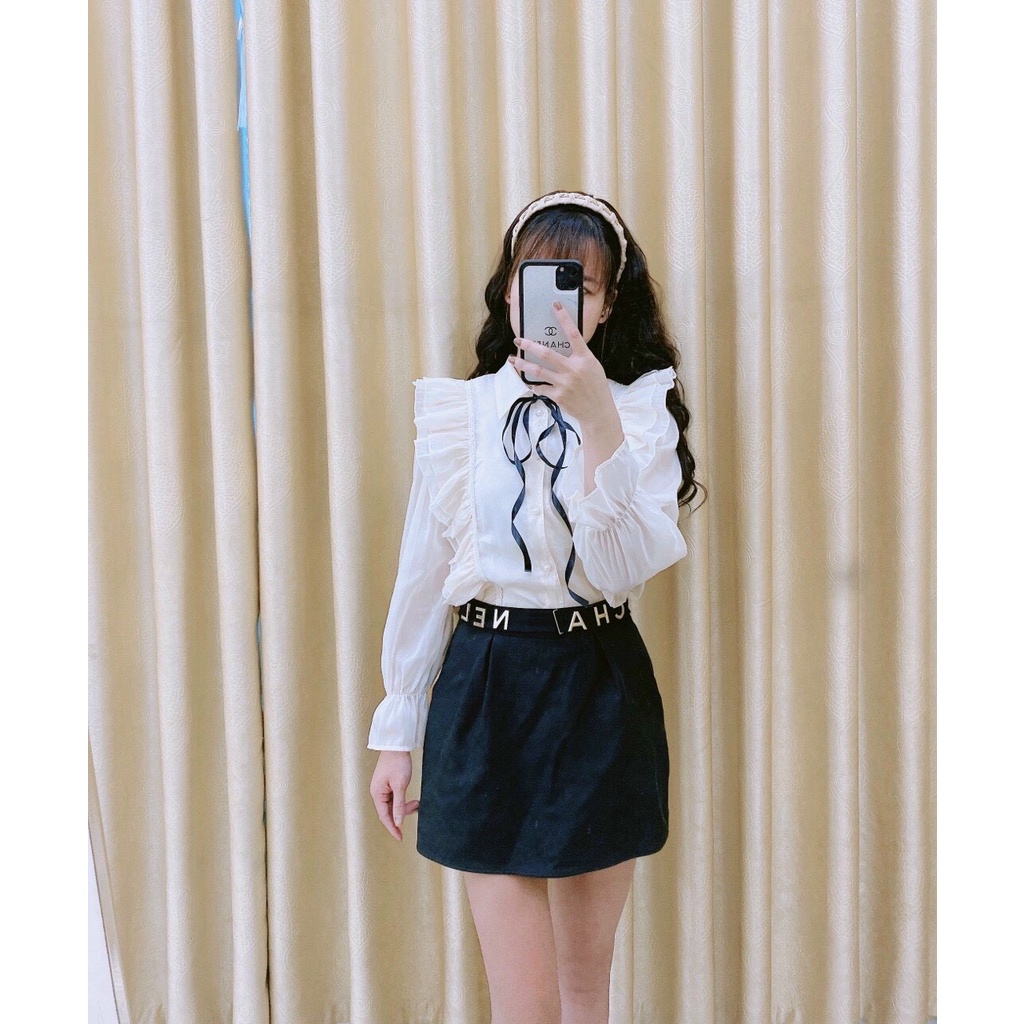 Áo sơ mi kiểu nữ cổ nơ bèo loe tay
