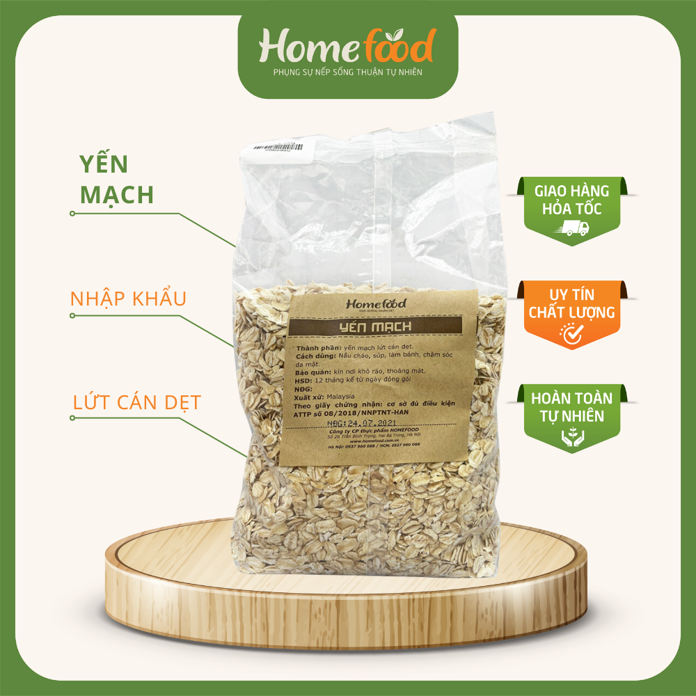 Yến mạch lứt nguyên cám HOMEFOOD túi 500g/ Yến mạch nguyên hạt cán dẹt