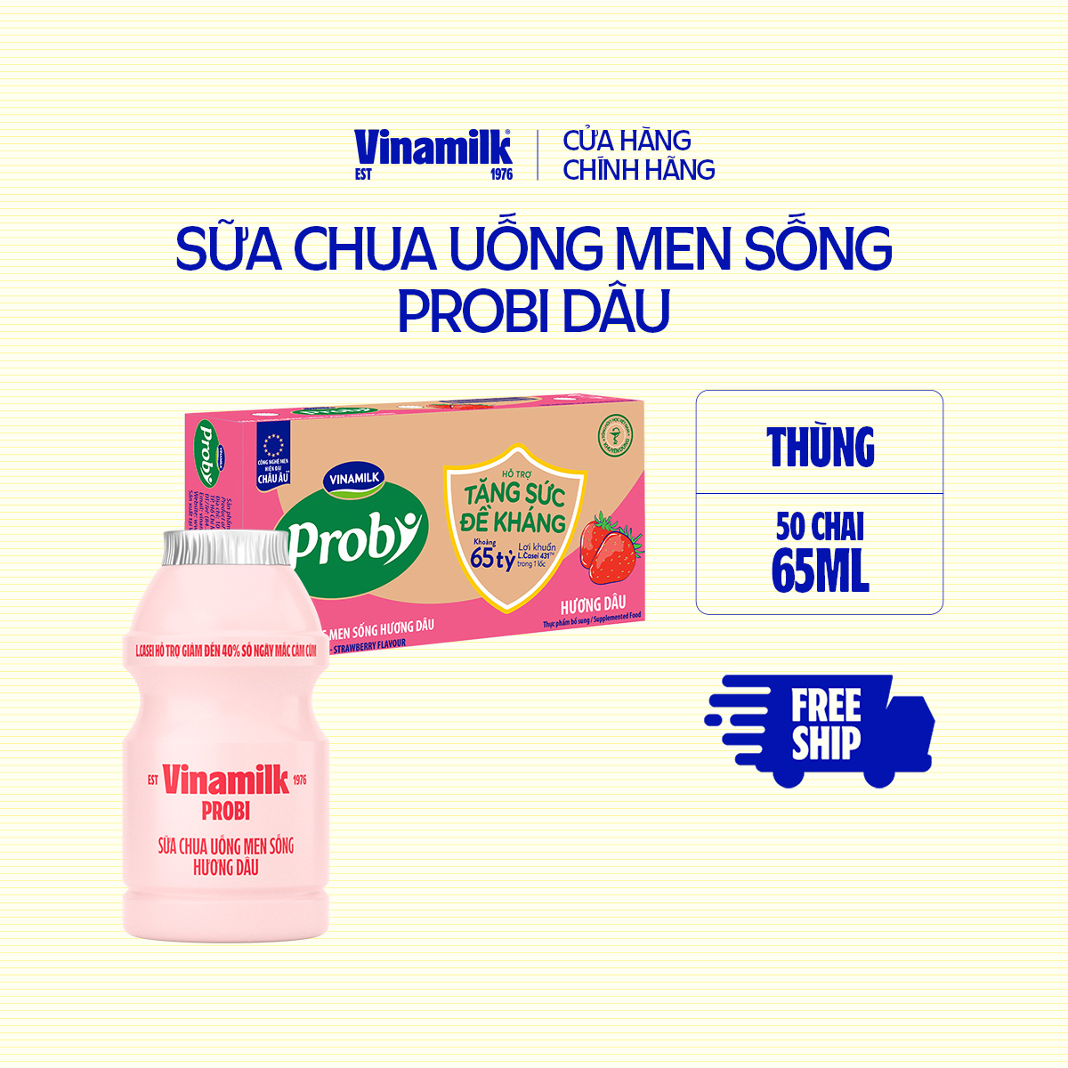 Thùng Sữa chua uống Probi Hương Dâu chai 65ml - 50 chai Thùng Yogurt