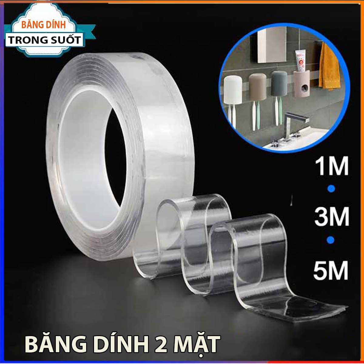 Băng dính 2 mặt trong suốt cuộn 2-3-5 mét