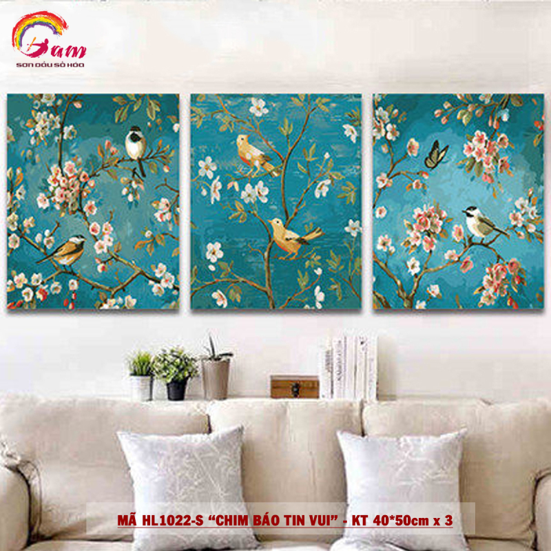 Tranh treo tường tự tô màu theo số sơn dầu số hóa Gam Bộ 3 bức chim báo tin vui HL1022