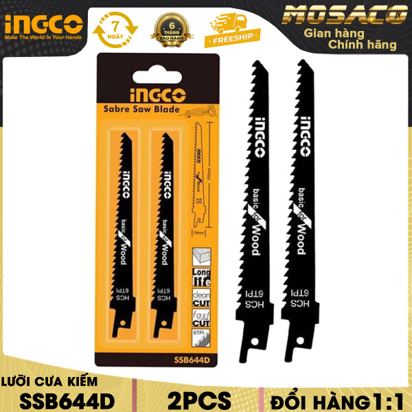 Bộ lưỡi cưa kiếm INGCO SSB644D chất liệu bằng thép carbon. Lưỡi cưa kiếm ưu tiên để cưa gỗ mỗi inch có 6 răng cưa, phù hợp gắn với Máy INGCO model RS8008 - MOSACO