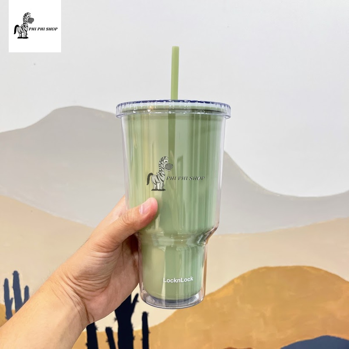 Ly nhựa 2 lớp dung tích lớn 1L Lock&Lock double wall cold cup HAP527