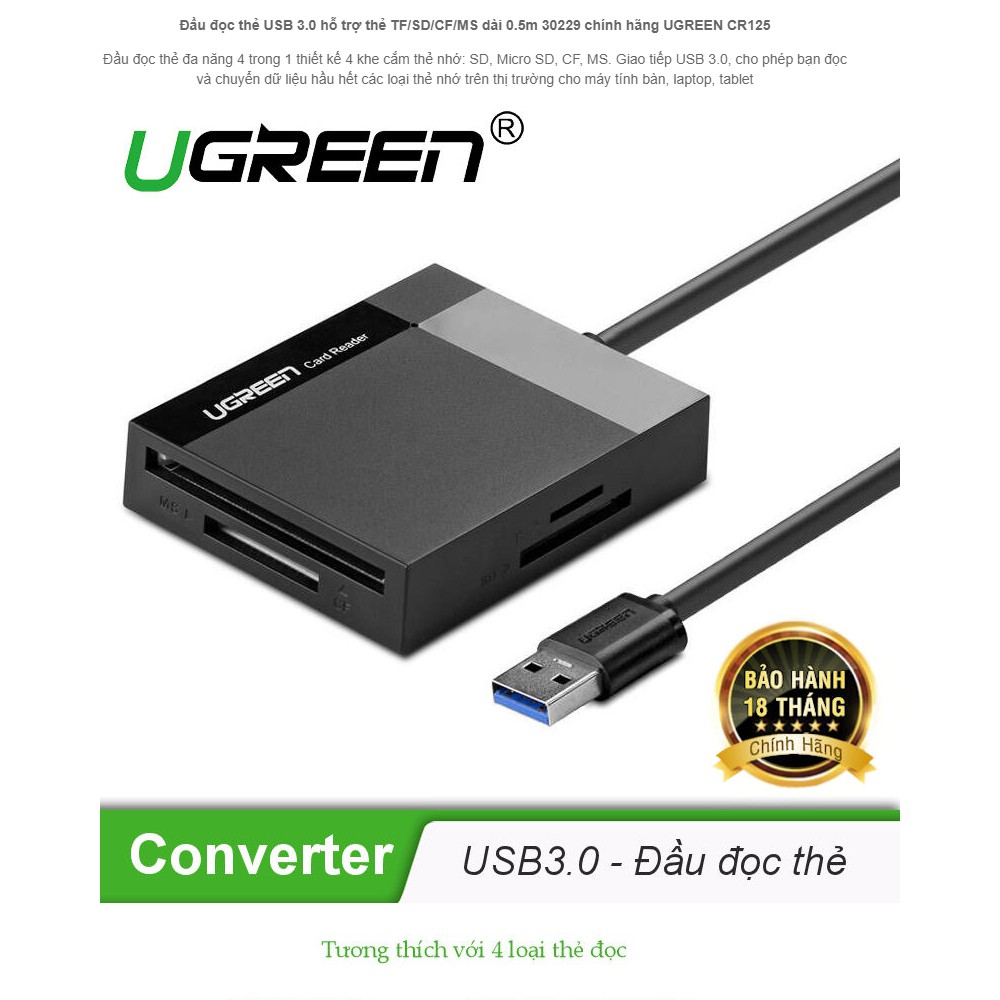 Đầu đọc thẻ USB 3.0 hỗ trợ thẻ TF/SD/CF/MS dài 0.5m UGREEN 30229