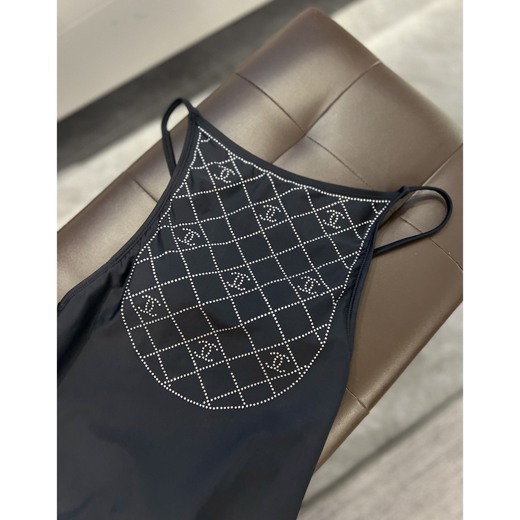 ⋌Áo Tắm Co Giãn Jersey & Strass Đen & Bạc