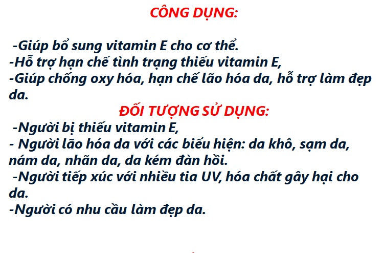 Viên Uống Đẹp Da Vitamin E đỏ 2000IU Thành Phần Vitamin E Tinh Dầu Lô Hội  Hoa Anh Thảo Thông ĐỏTinh Dầu Lô Hội ... Giúp Bổ Sung Vitamin E Làm Đẹp DaChống Oxy hóa Hạn Chế Lão Hóa Da Làm Mờ Thâm Nám Tàn Nhang- Hộp 30Viên