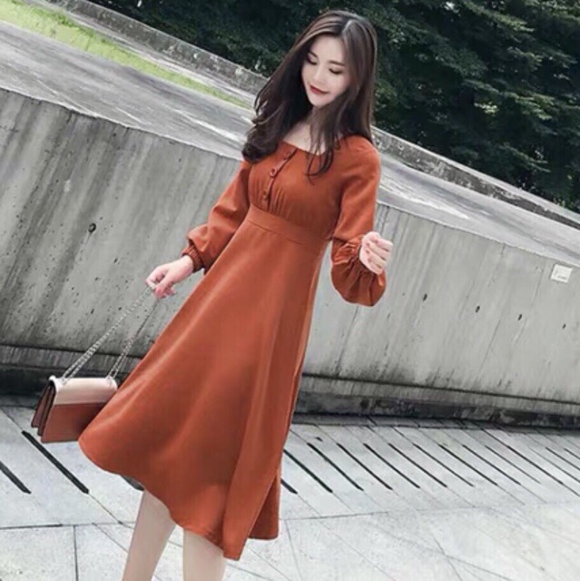 [HCM]DM637 - Orange Maxi Dress Square Neck with Puffy Sleeves