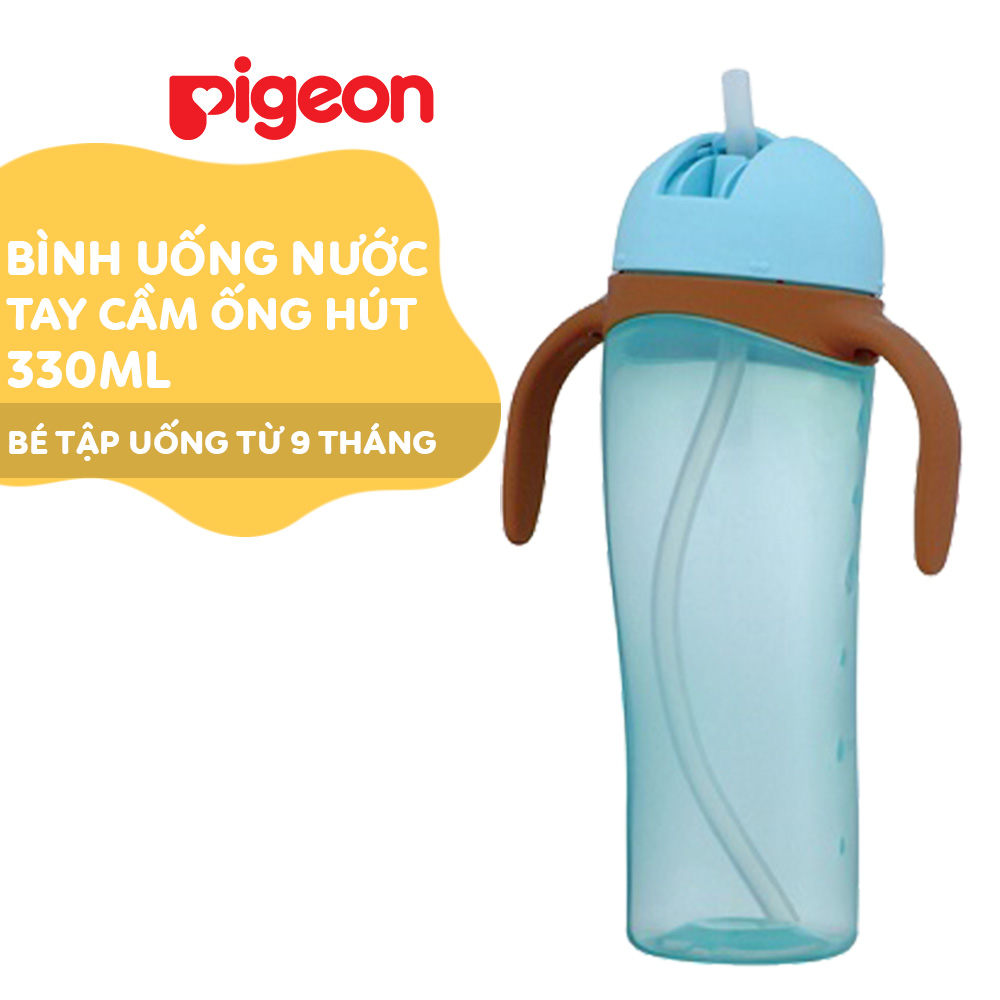 Bình uống nước tay cầm có ống hút Pigeon 330ml- Màu xanh dương