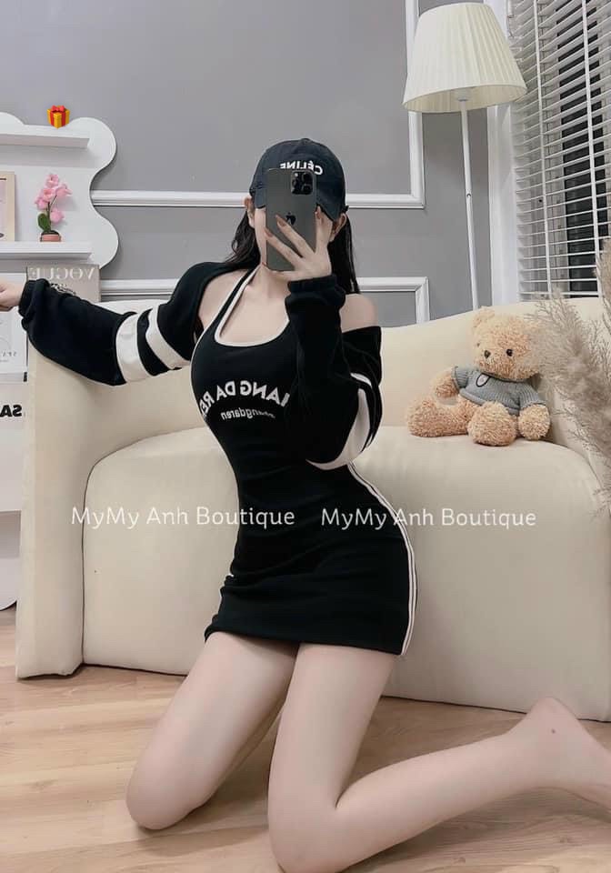 Sét đầm 2 dây viền màu in chữ trước ngực 2 sọc đứng bên phối áo khoác thom cực hot , chất thun gân dày dặn