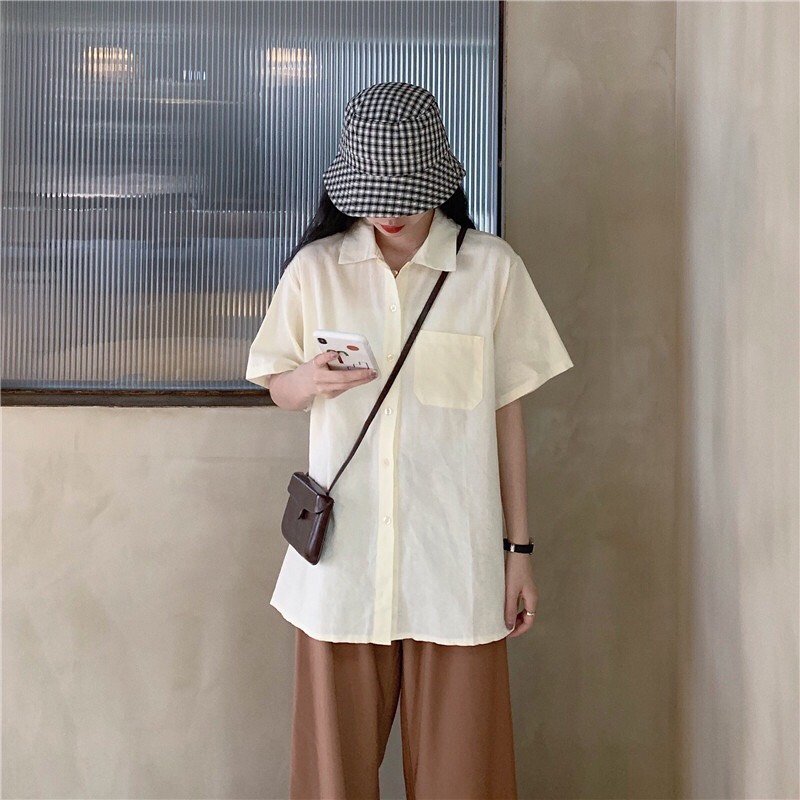 Áo Sơ Mi Cổ Vest phối túi Nam Nữ 3 màu basic chất vải thô mềm