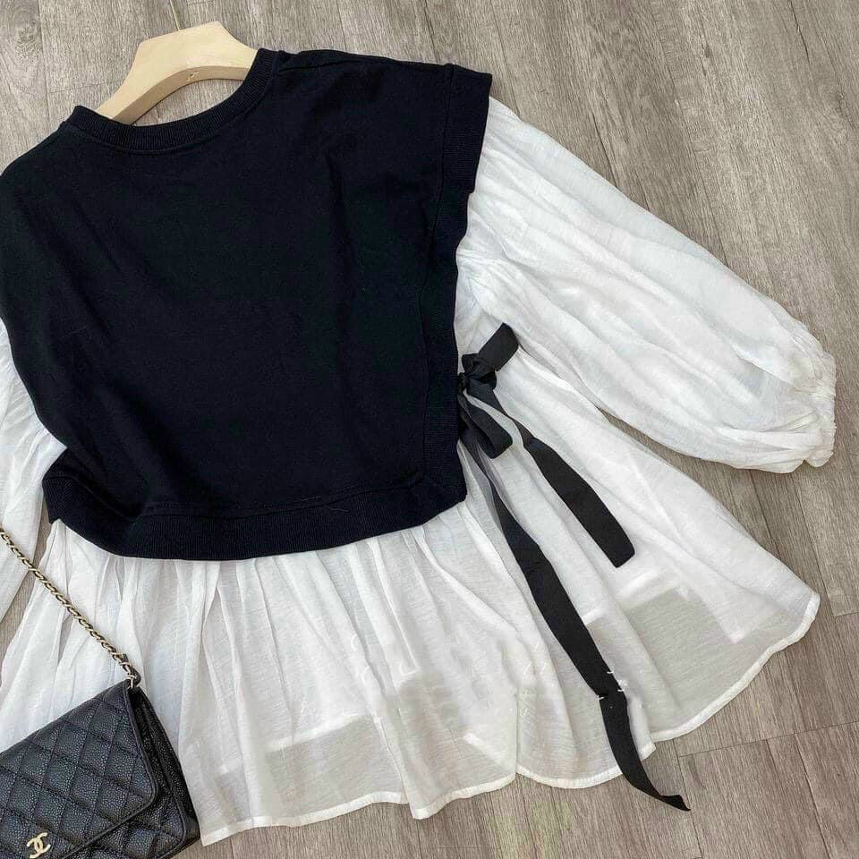 Áo peplum tay phồng phối ghile thắt eo