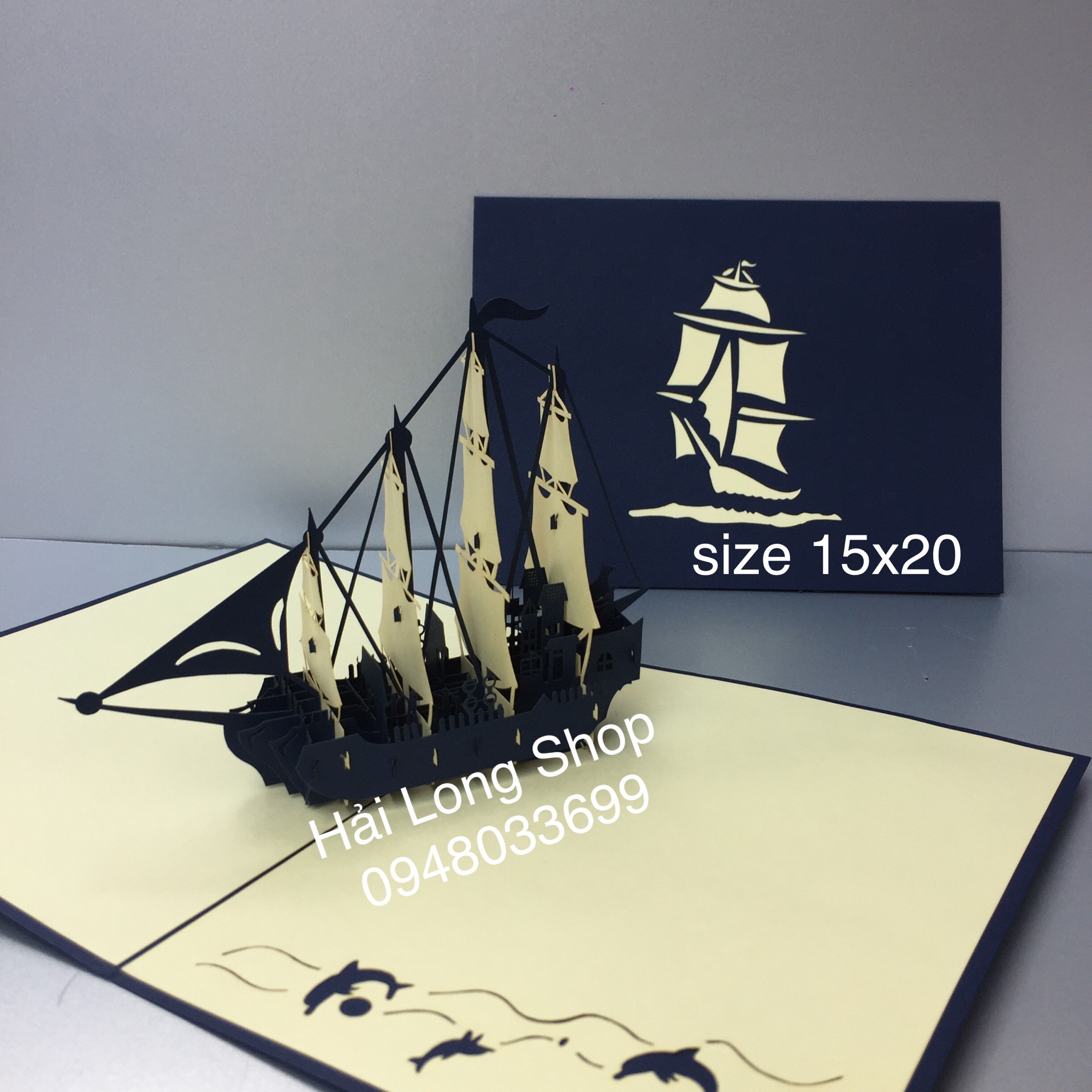 Thuyền 10   (4 cánh ) - Boat -  Thiệp 3D ( bìa xanh blue )