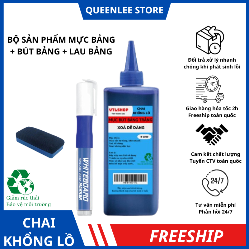 Bộ mực bút lông bảng trắng mực viết bảng chai lớn tặng kèm bút bảng trắng nhấn lau bảng có gắn nam châm queen lee store