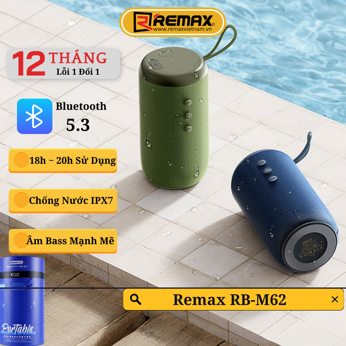 Loa bluetooth remax rb-m62 nhỏ gọn chống nước - dung lượng pin cực khủng - remax bảo hành 12 tháng 1 đổi 1