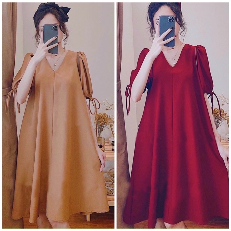 Đầm suông cổ V tay nơ 2 màu