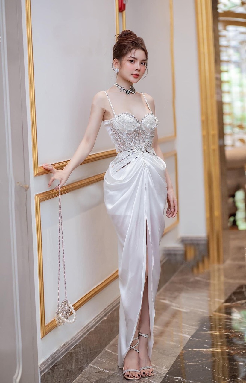 Đầm maxi body tripble t dress dạ hội xẻ đùi gợi cảm phối đá pha lê - size s/m/l - ms4v