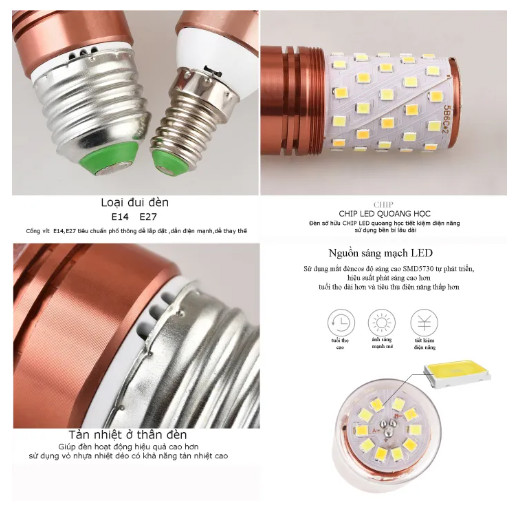 Combo Bóng đèn Led Bắp Ngô 3 Chế Độ 12w E27 E14