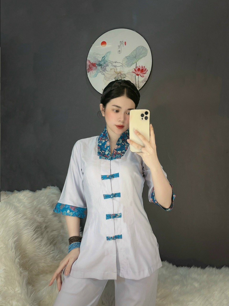 Đồ Lam Đi Chùa # Bộ viền hoa lụa Hàn# Quần Áo Nữ Cao Cấp
