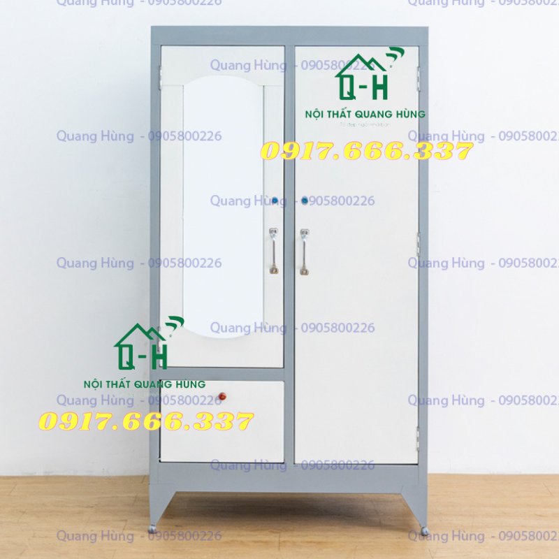 Tủ sắt 2 cánh sơn dầu 1m6x90cm màu xám đựng quần áo hàng sẳn