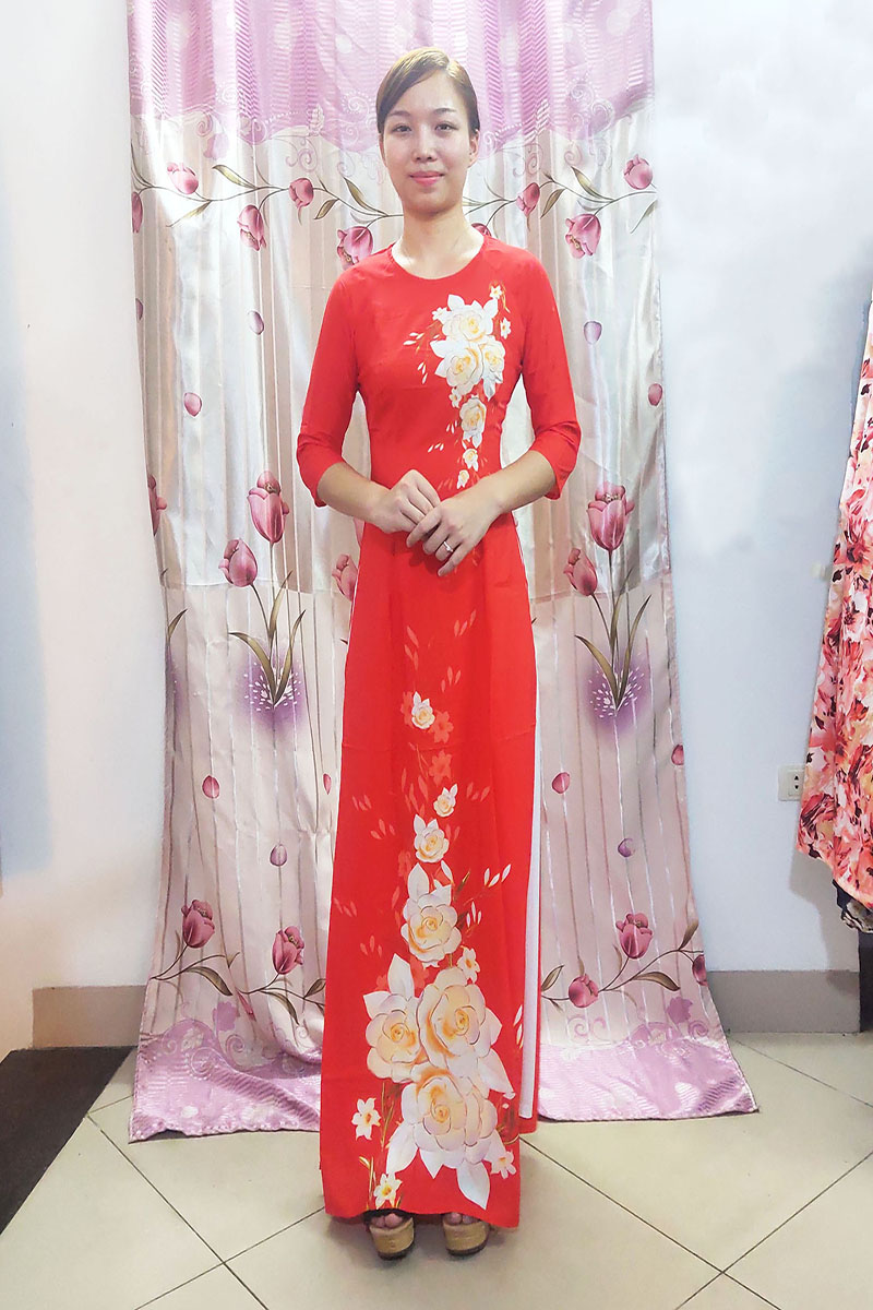 Áo dài nữ thiết kế in 3D đẹp may sẵn dáng truyền thống trung niên mặc tết có co giãn, mềm mại màu Đỏ