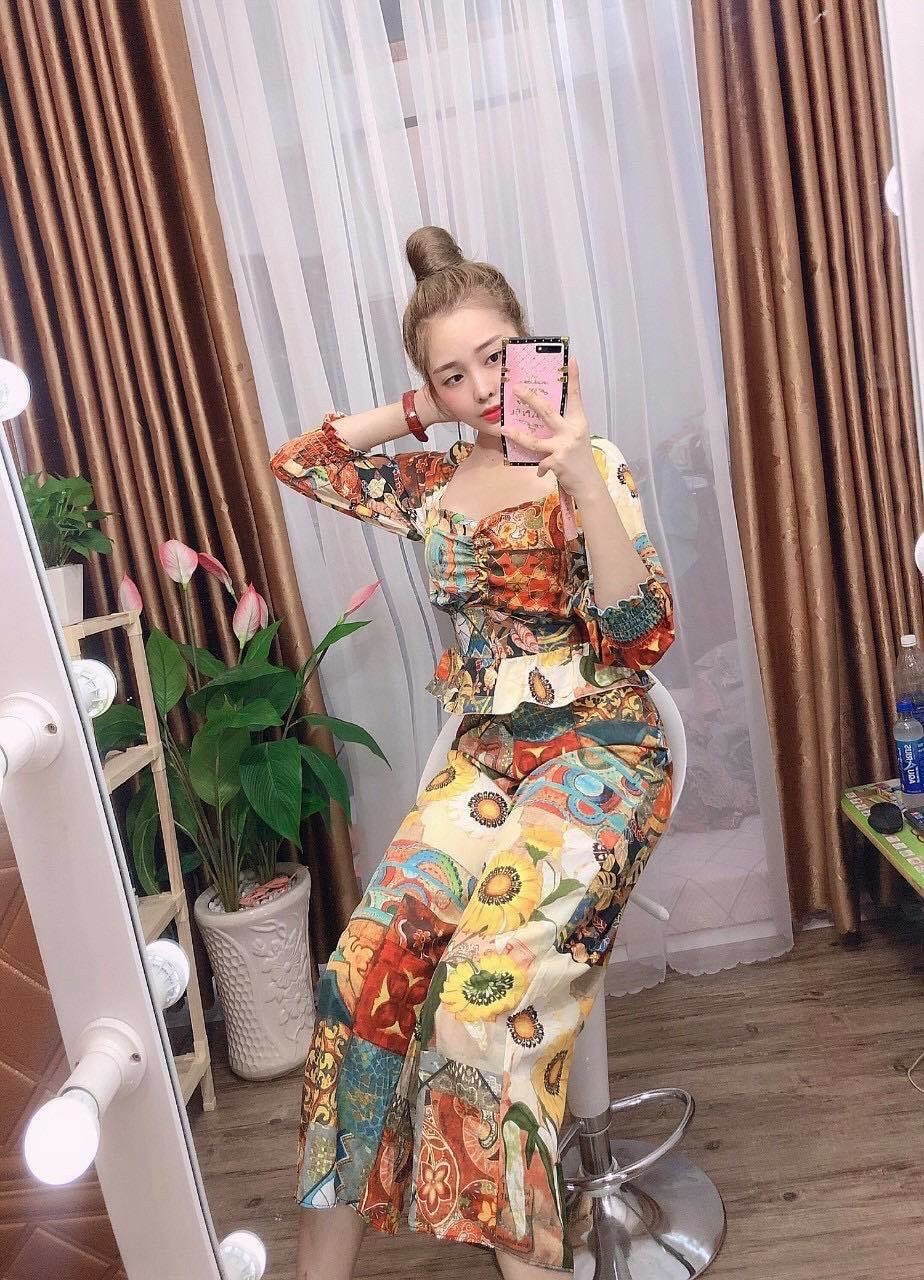 [HCM]Set bộ nữ thổ cẩm tay dài cổ vuông eo xòe kèm quần dài ống rộng cực đẹp