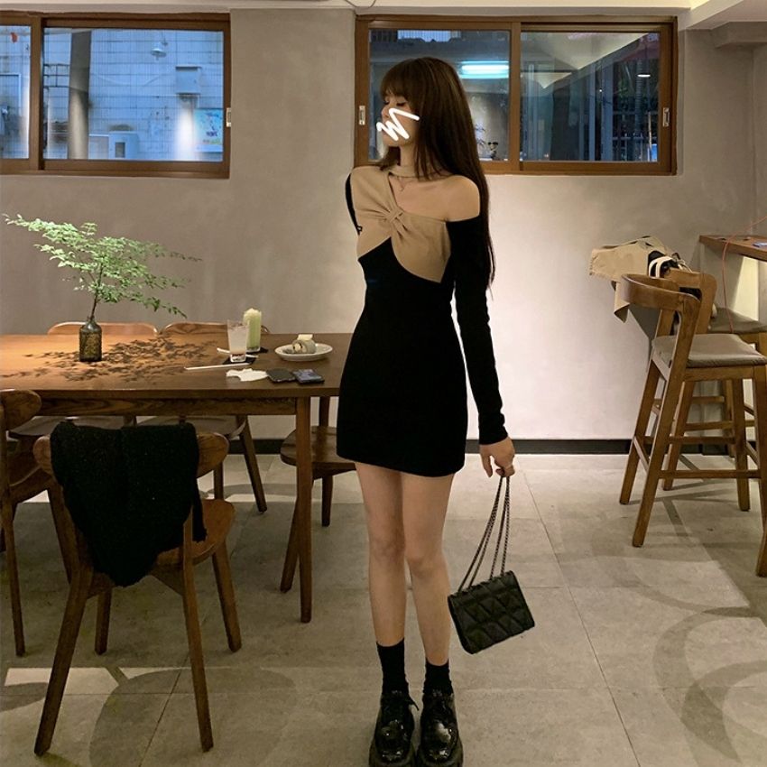 Váy body dài tay , đầm ngắn dáng ôm sexy , hở vai vải bông co dãn cao cấp phong cách thu đông Hàn Quốc