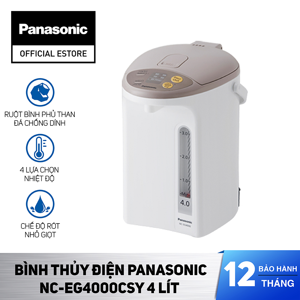 Bình Thủy Điện Panasonic NC-EG4000CSY 4 Lít/ NC-EG2200CSY 2.2 Lít - Xuất xứ Thái Lan - Dung tích 4L, Công suất 700W, Ruột bình phủ carbon hạt nổi, Chức năng hẹn giờ và tẩy cặn- Hàng Chính Hãng - Bảo Hành 12 Tháng