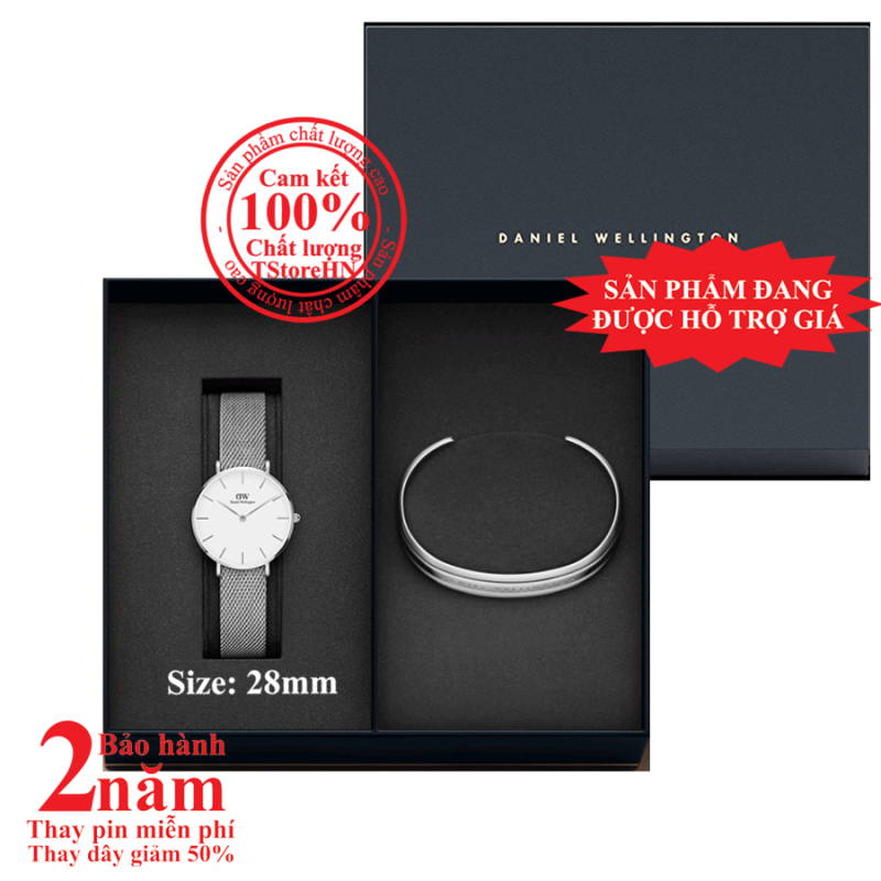 [NEW] Hộp quà đồng hồ nữ DanieI Wellington Classic Petite Sterling 28mm (Mặt trắng) + Vòng tay DW Bracelet - màu bạc (Silver)- DW00500428