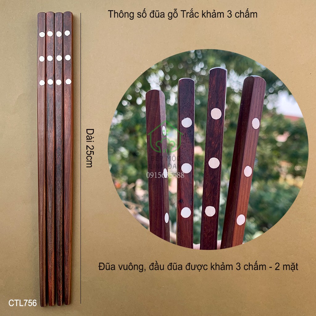 Đũa Gỗ Trắc Khảm Xà Cừ 3 Chấm HAHANCO [CTL756-05] Bộ 05 đôi