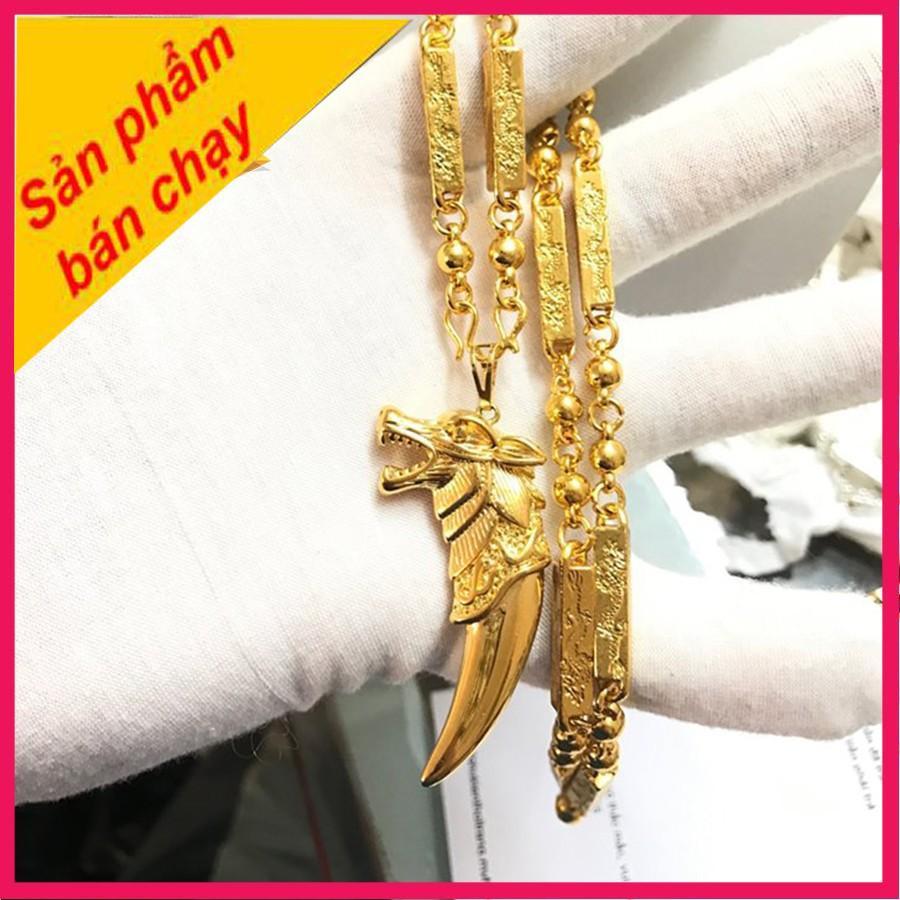 Dây chuyền vòng cổ nam ống trúc mặt nanh cọp đầu bọc rồng nguyên khối mạ vàng cực sang chảnh