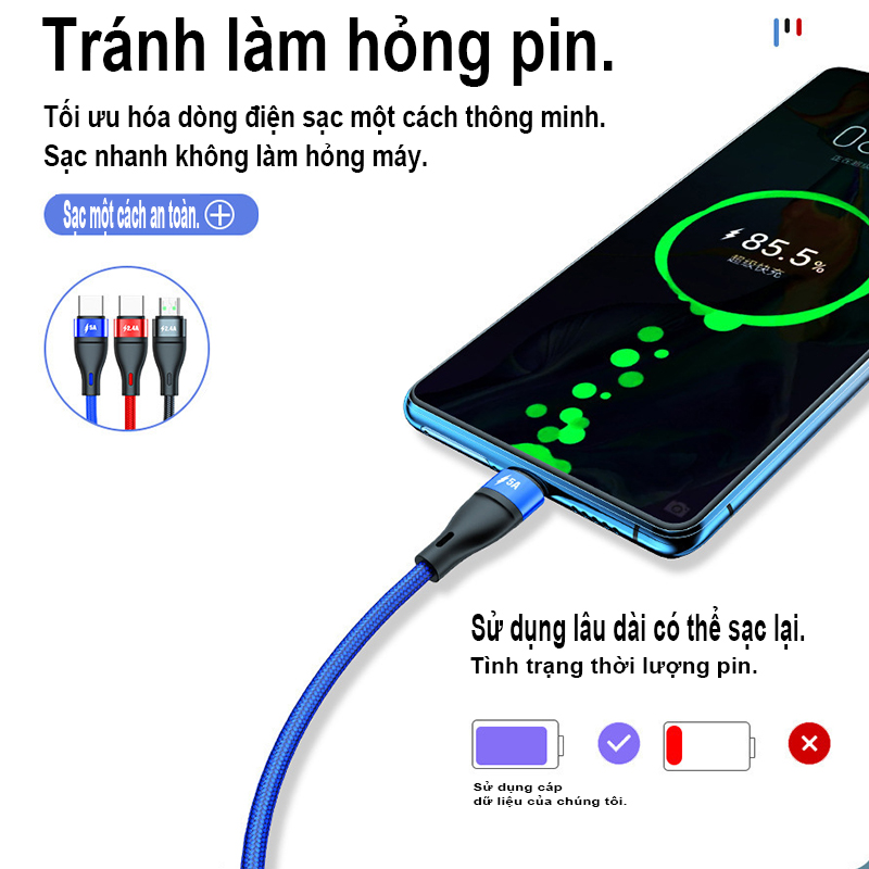 Cáp sạc đa năng, Cáp sạc đa năng 5A Cáp sạc 3 trong 1 Cáp sạc đa USB Cáp sạc nhanh với cổng Type-C, Micro USB và cổng IP, tương thích với hầu hết điện thoại và iPad