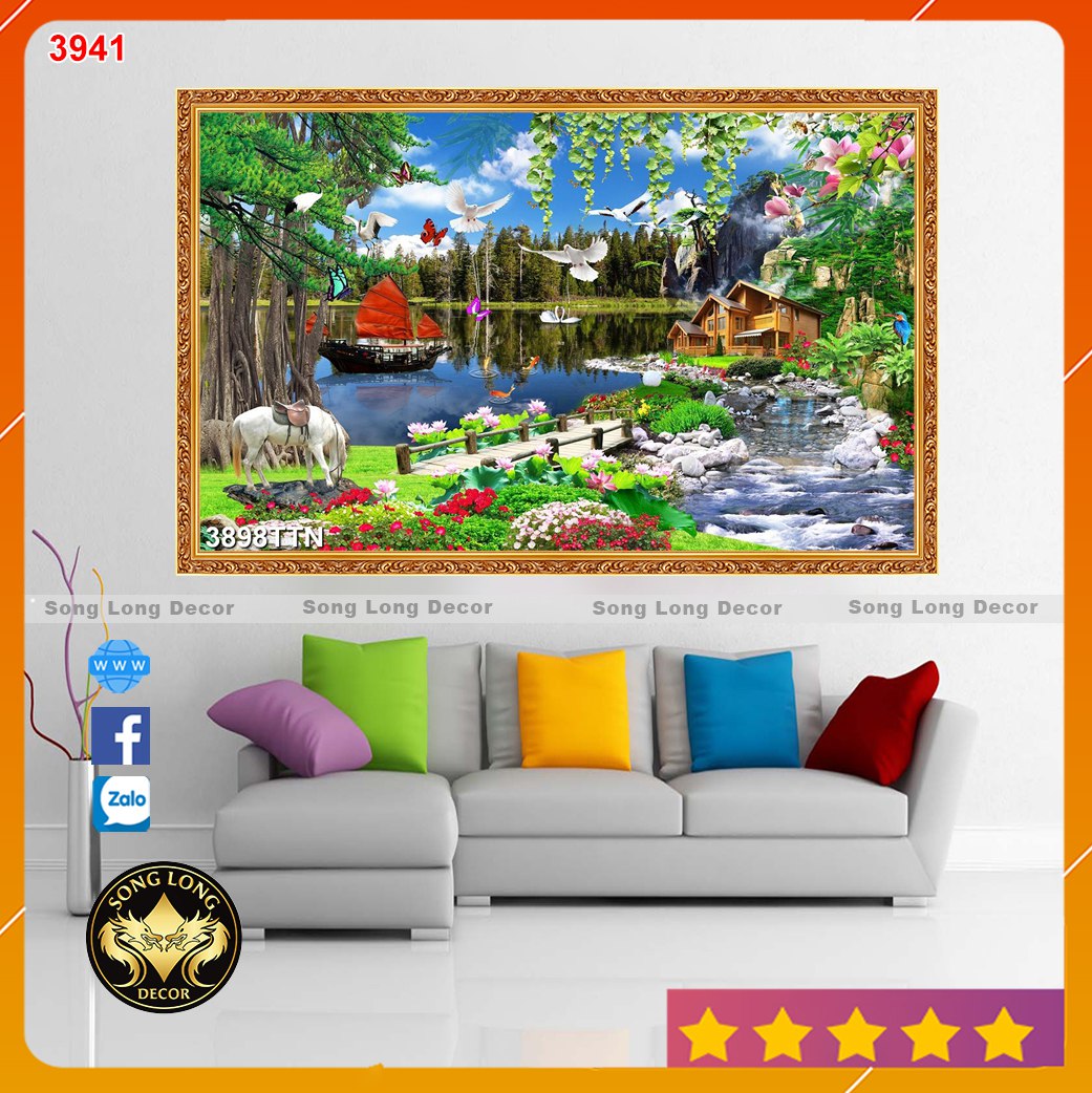 Tranh dán tường 3d sơn thủy hữu tình - 3898- tranh 3d phòng khách - song long decor