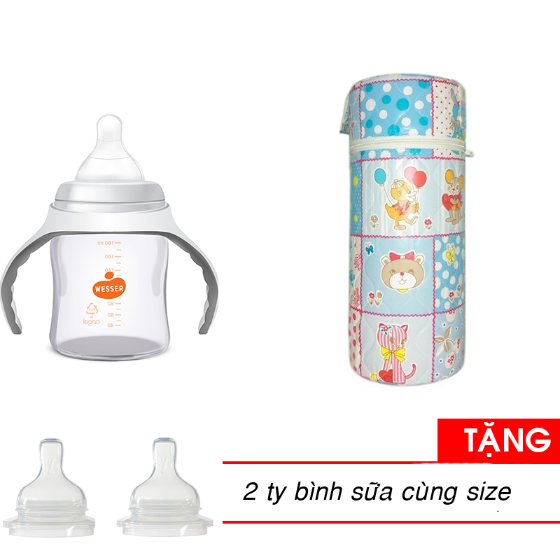 Bình sữa Wesser cổ rộng 180ml + 1 ủ bình sữa cổ rộng tặng 2 ty bình sữa cùng size