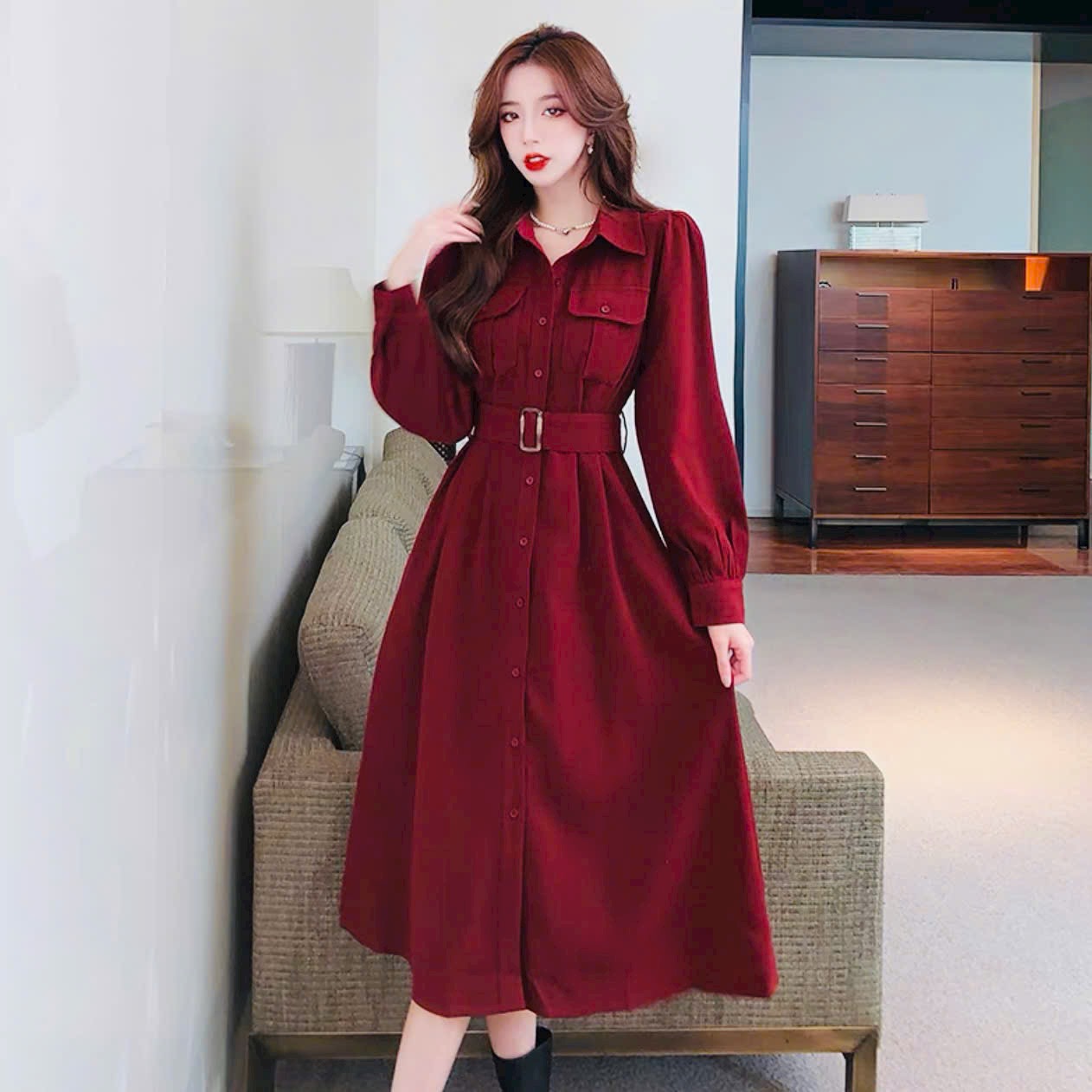 Đầm sơ mi đỏ túi hộp kèm belt