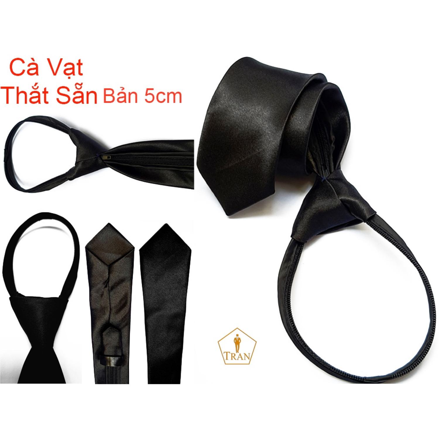 Caravat cà vạt traz đen nam bản nhỏ 5cm dây kéo thắt sẵn tiện lợi