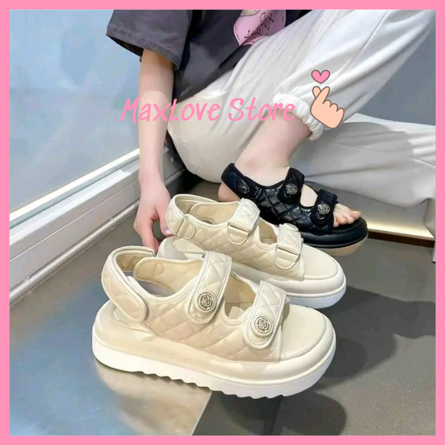 Giày Sandal hoa chàm đế bánh mì Xăng đan hoa trà đế răng cưa 5cm